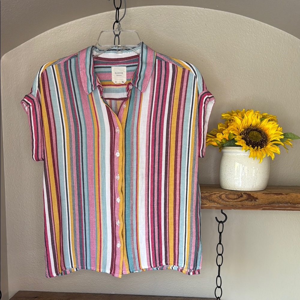 Harper Heritage Striped Button Down Cap Sleeve Shirt, M